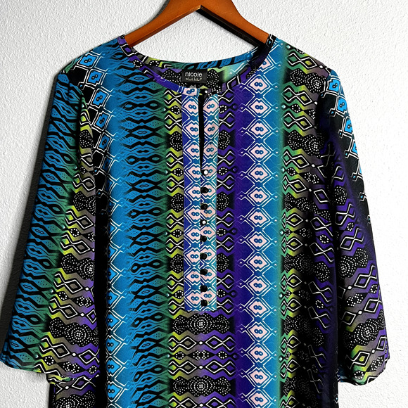 Nicole Miller Womens Large Colorful‎ Long Sheer Tunic Geometric Aztec Fairy Boho - Picture 2 of 11